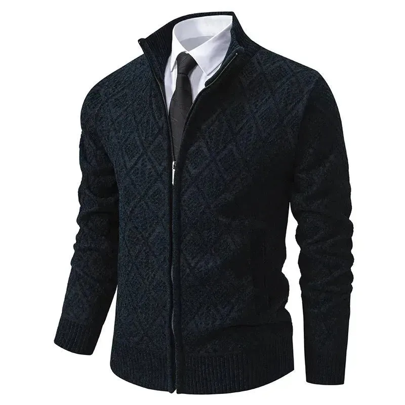 2024 Fall Winter Men Fleece-lined Thick Stand Collar Sweater Cardigan for men