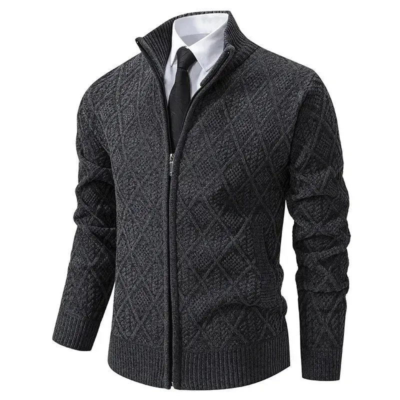 2024 Fall Winter Men Fleece-lined Thick Stand Collar Sweater Cardigan for men