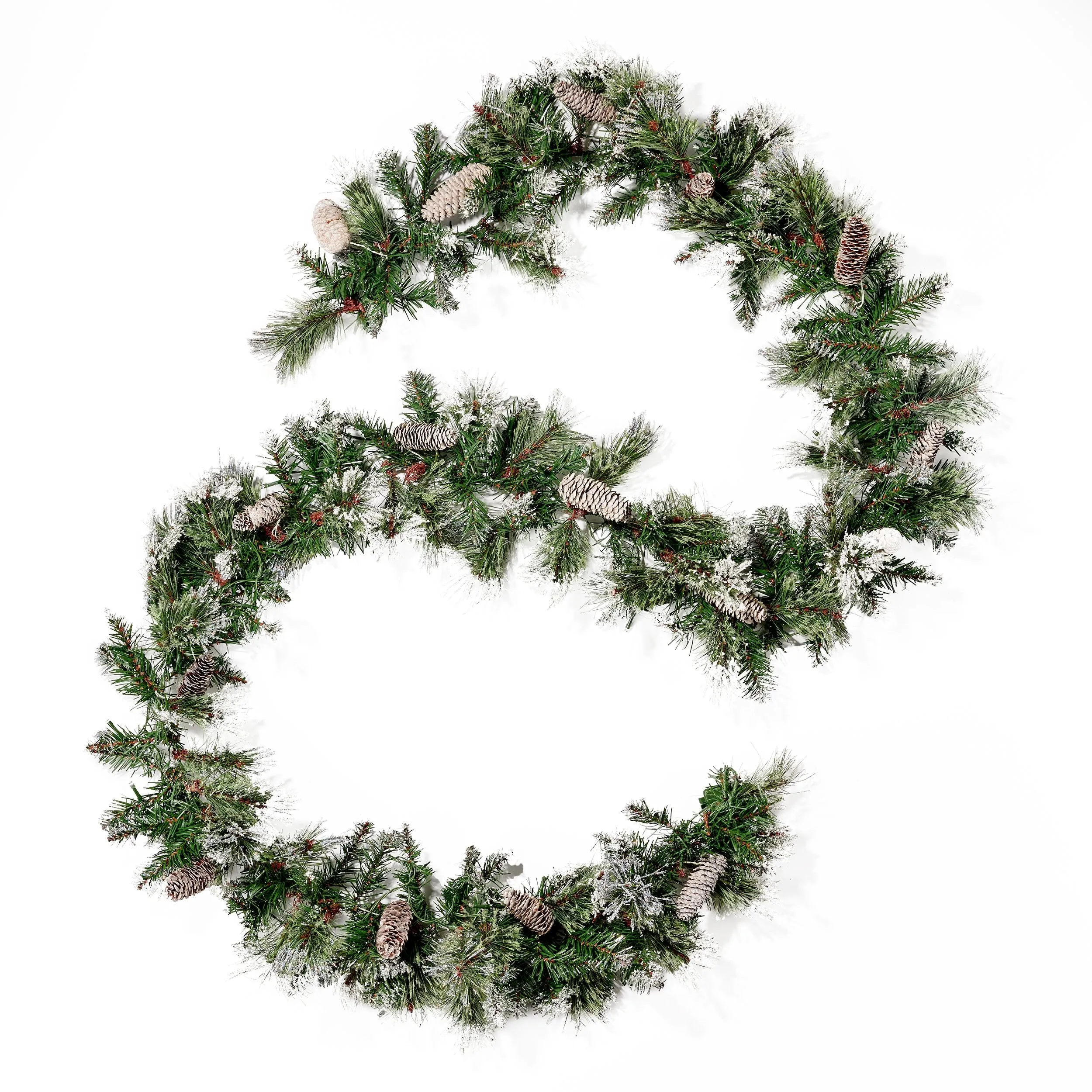 9-foot Cashmere Pine and Mixed Needle Pre-Lit Warm White LED Artificial Christmas Garland with Snow and Glitter Branches and Frosted Pinecones - NH393703