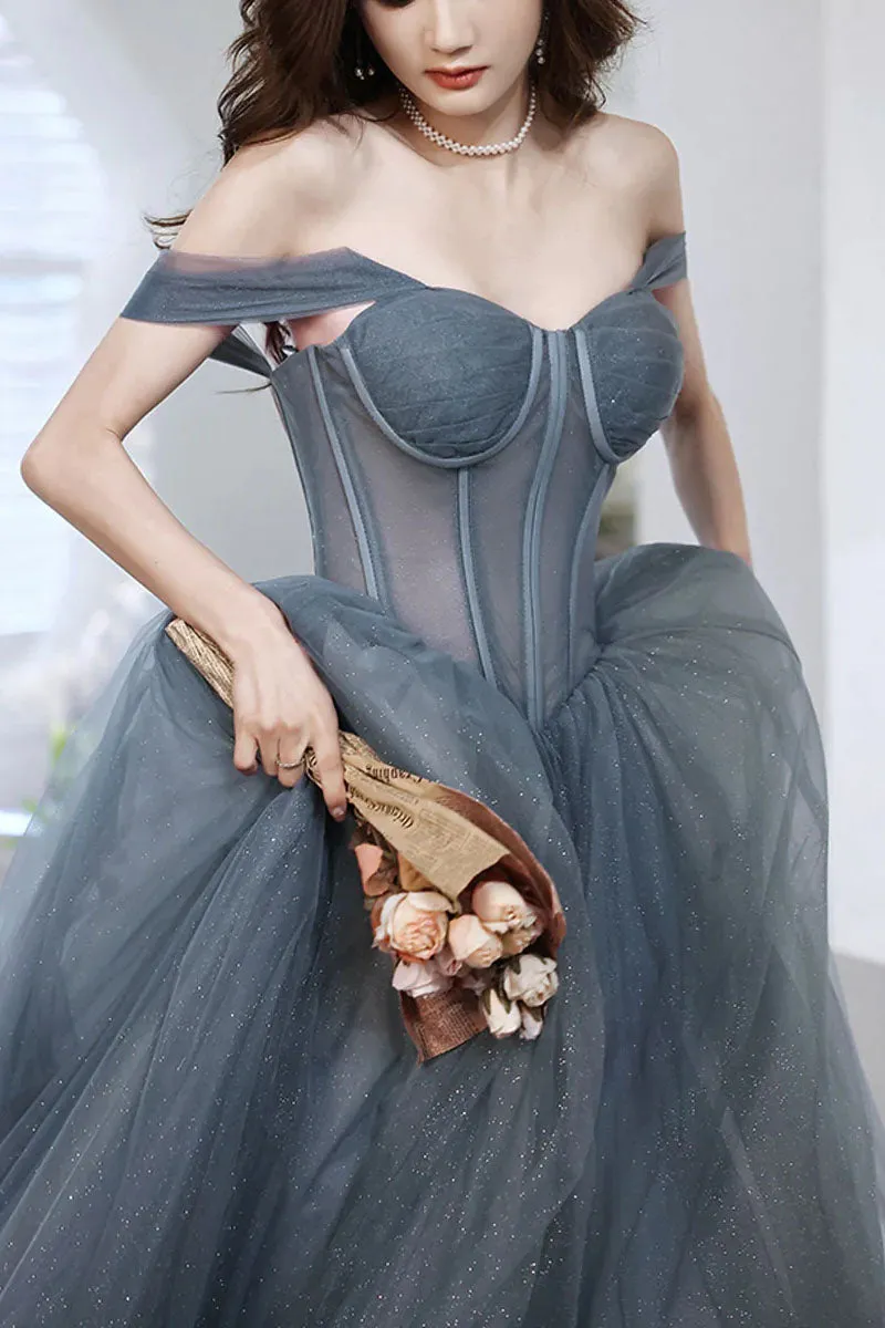 A Line Off the Shoulder Tulle Prom Dress, Sparkly Long Evening Gown UQP0191
