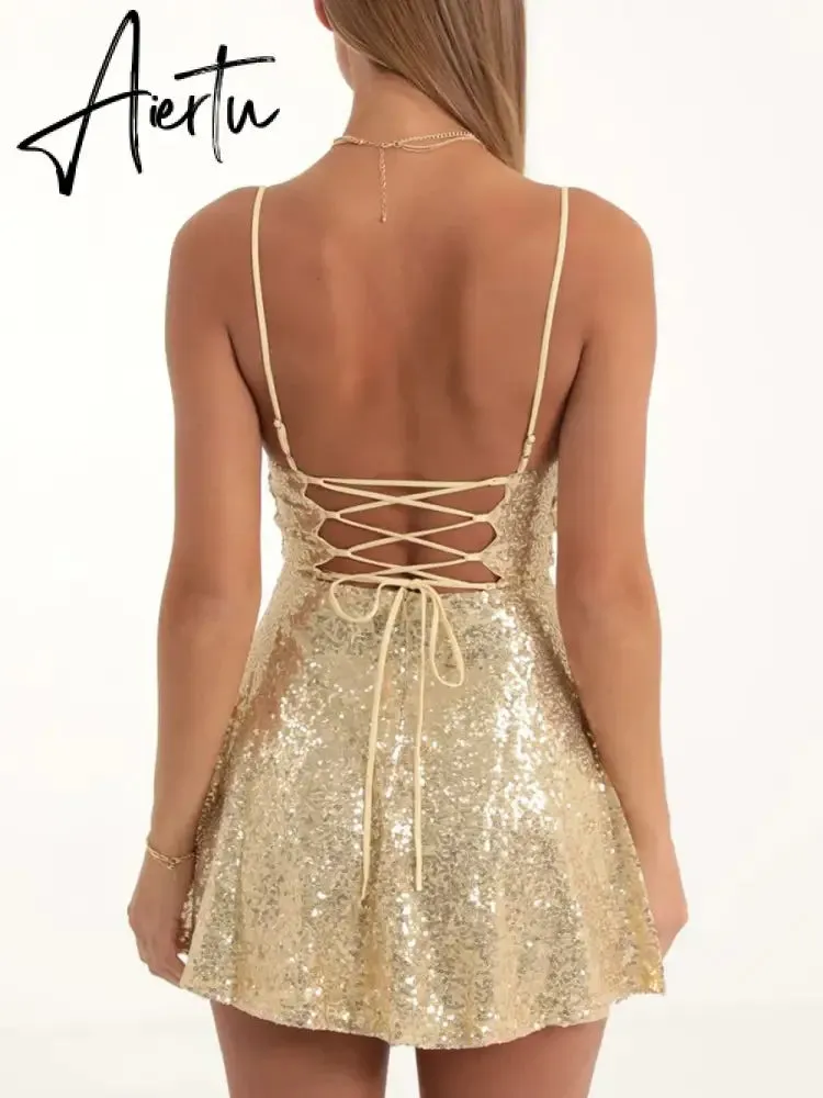 Aiertu Women Sequins Sling Mini Dress Evening Party Summer Clothes Luxury Sleeveless Backless Bandage A-Line Dress Sexy Club