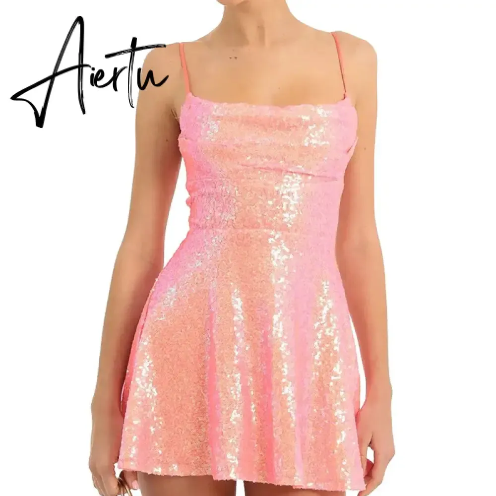 Aiertu Women Sequins Sling Mini Dress Evening Party Summer Clothes Luxury Sleeveless Backless Bandage A-Line Dress Sexy Club