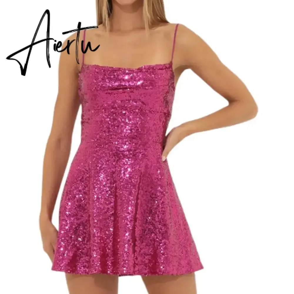 Aiertu Women Sequins Sling Mini Dress Evening Party Summer Clothes Luxury Sleeveless Backless Bandage A-Line Dress Sexy Club