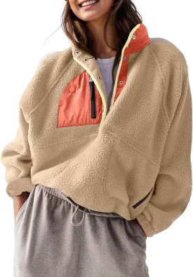 AMEBELLE Womens Lightweight Fleece Pullover Jacket Cropped Fall Winter Fuzzy Sherpa Jacket Sweatshirt Coat with Pockets