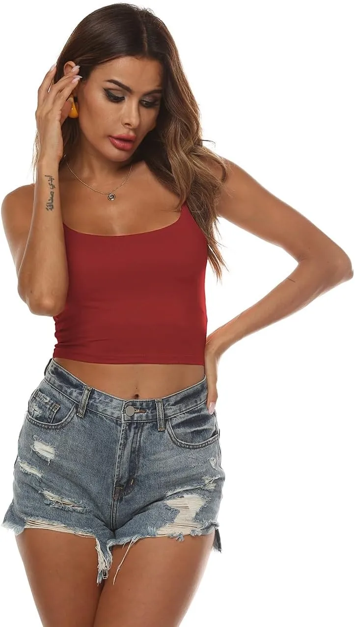 Amilia Women's Basic Solid Cami Spaghetti Double Layer Crop Tank Top