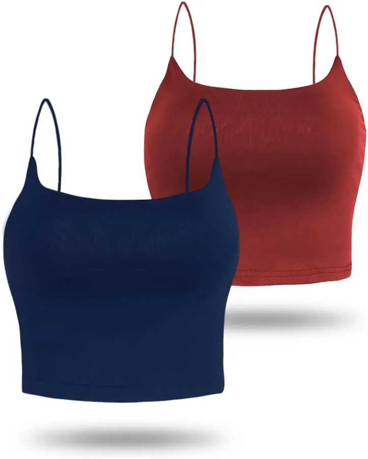 Amilia Women's Basic Solid Cami Spaghetti Double Layer Crop Tank Top