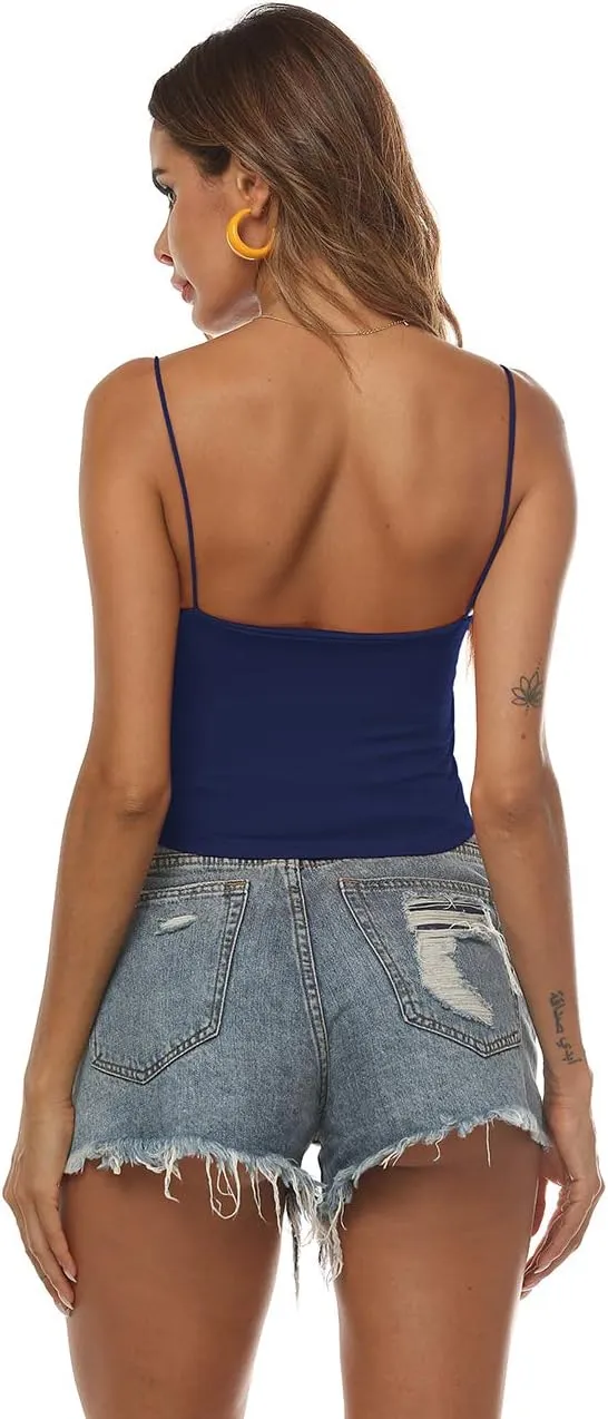 Amilia Women's Basic Solid Cami Spaghetti Double Layer Crop Tank Top