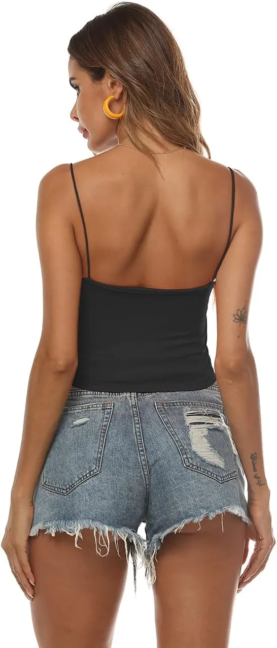 Amilia Women's Basic Solid Cami Spaghetti Double Layer Crop Tank Top