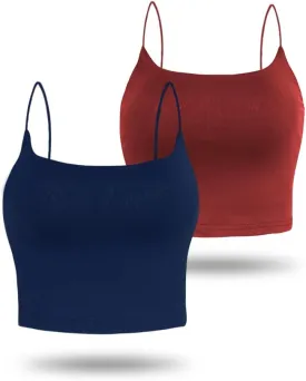 Amilia Women's Basic Solid Cami Spaghetti Double Layer Crop Tank Top