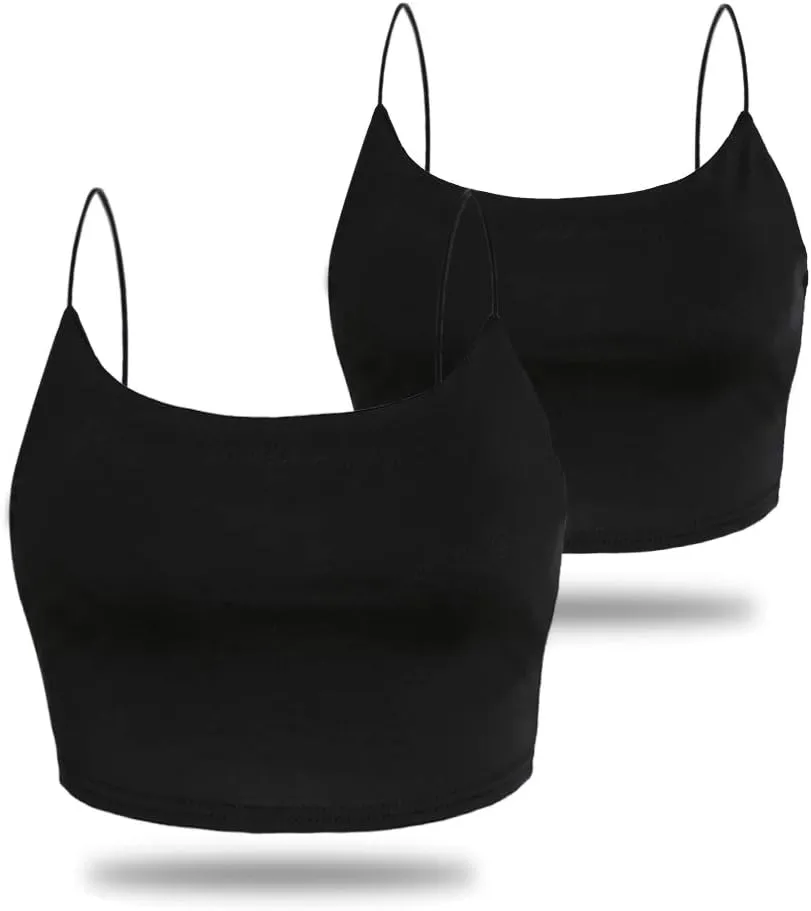 Amilia Women's Basic Solid Cami Spaghetti Double Layer Crop Tank Top