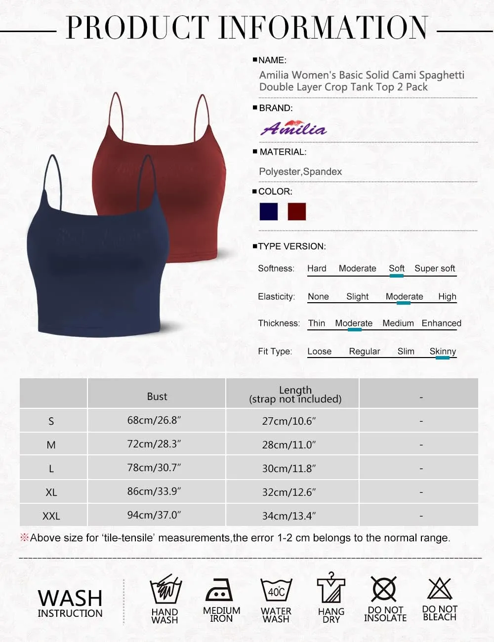 Amilia Women's Basic Solid Cami Spaghetti Double Layer Crop Tank Top
