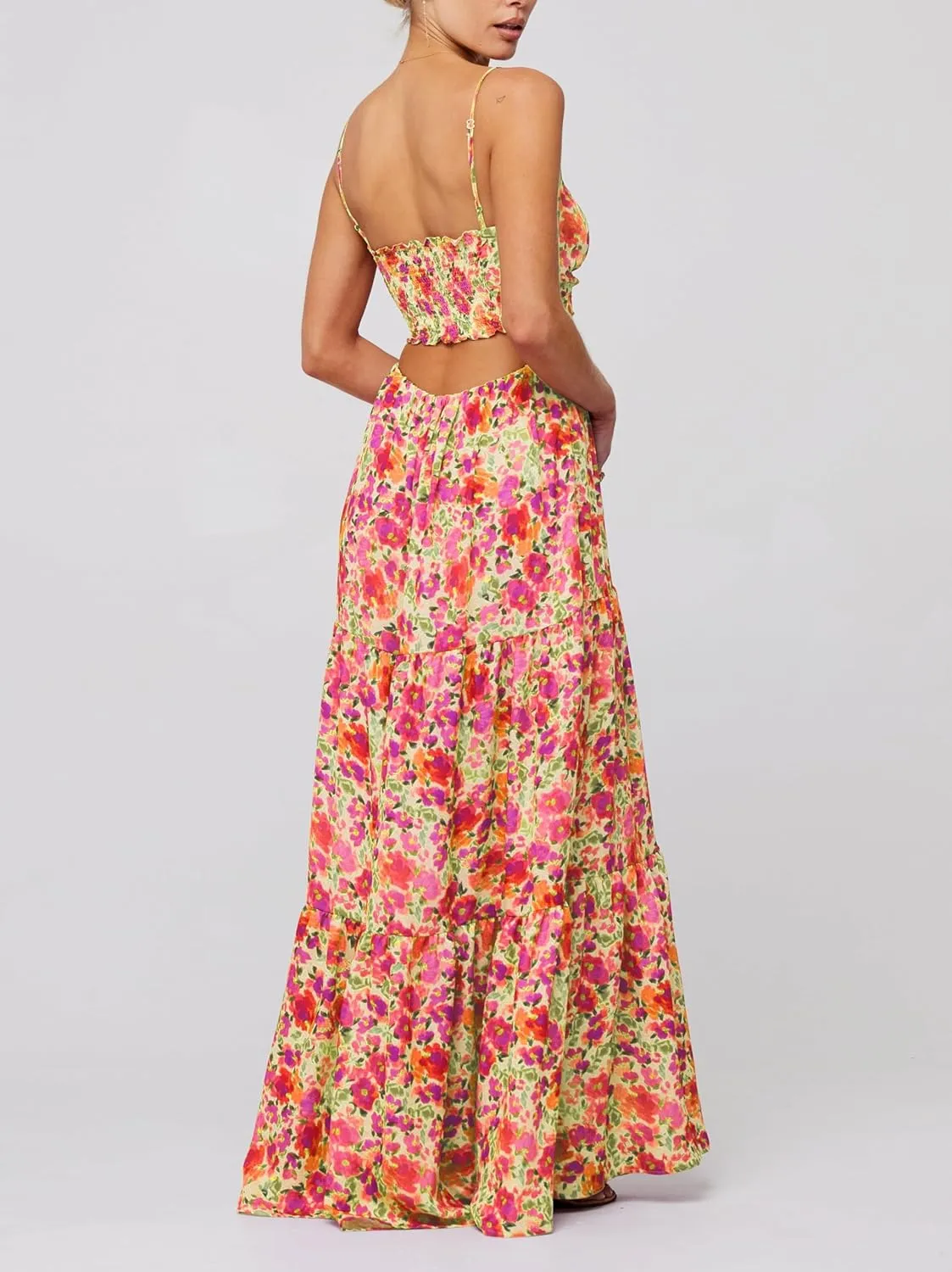 Aopwsrlyi Women Summer Sleeveless Backless Spaghetti Strap Long Floral Dress Sexy Cut Out Smocked Flowy Maxi Dress