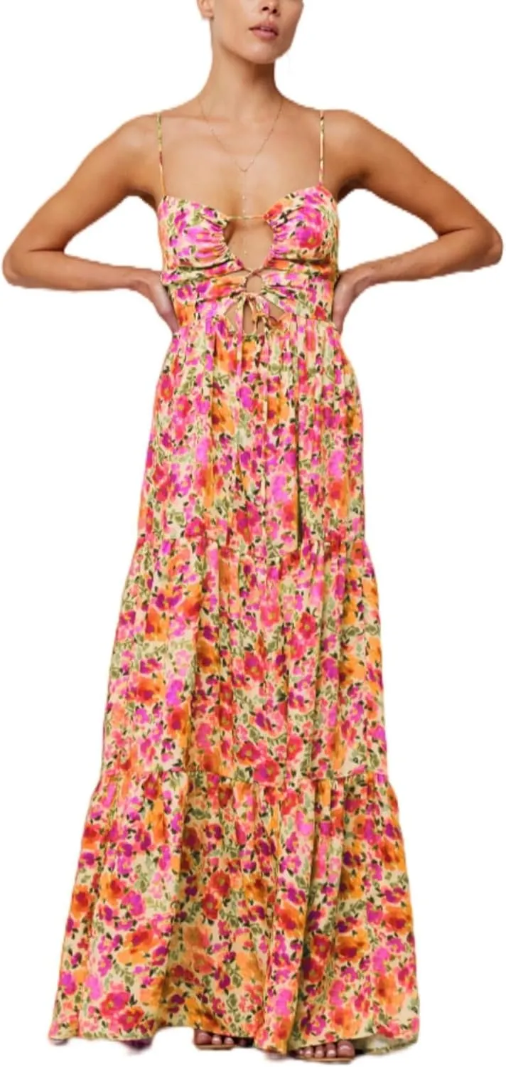 Aopwsrlyi Women Summer Sleeveless Backless Spaghetti Strap Long Floral Dress Sexy Cut Out Smocked Flowy Maxi Dress