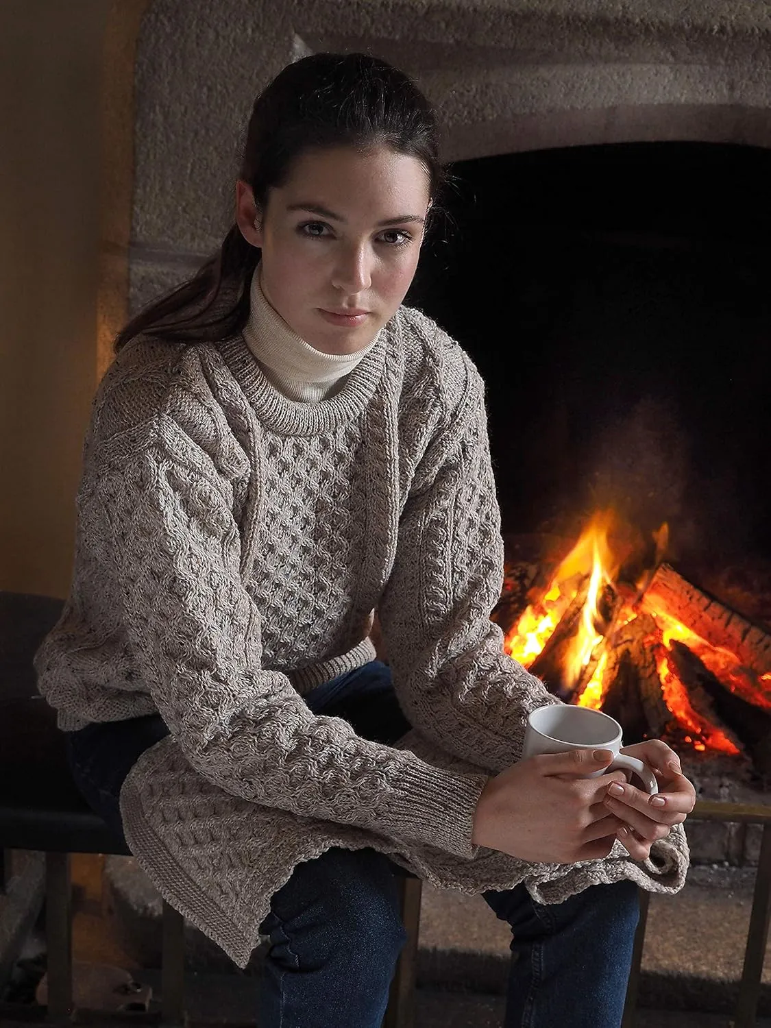Aran Crafts Irish Soft Cable Knitted Crew Neck Unisex Sweater (100% Pure New Wool)