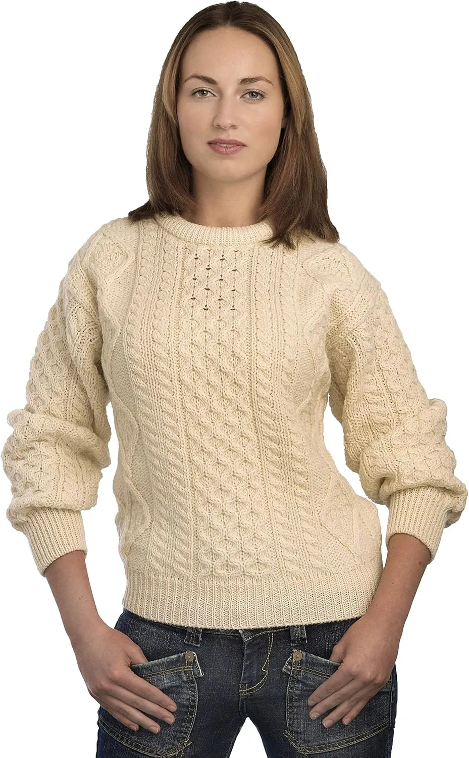 Aran Crafts Irish Soft Cable Knitted Crew Neck Unisex Sweater (100% Pure New Wool)