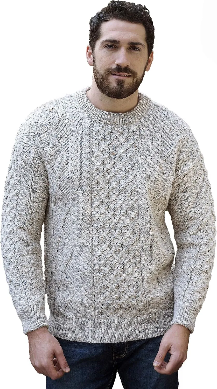 Aran Crafts Irish Soft Cable Knitted Crew Neck Unisex Sweater (100% Pure New Wool)
