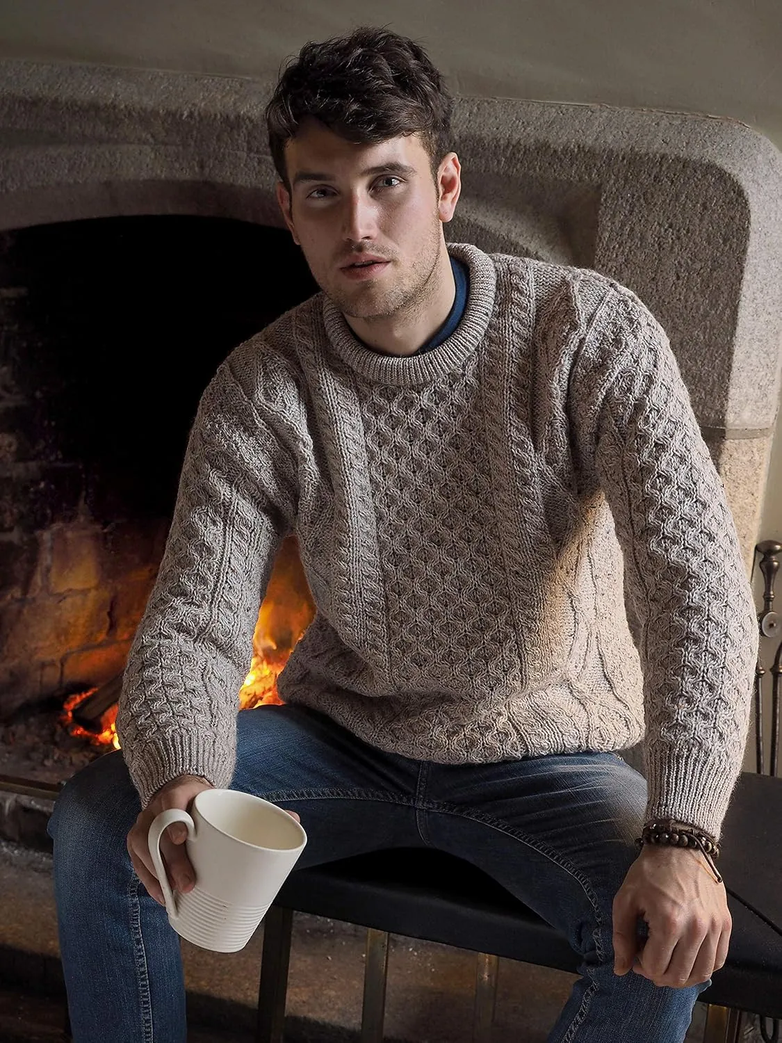 Aran Crafts Irish Soft Cable Knitted Crew Neck Unisex Sweater (100% Pure New Wool)