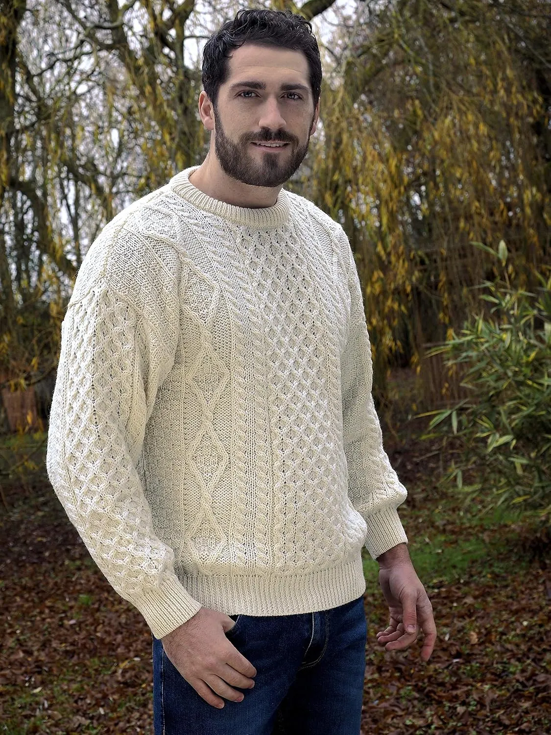 Aran Crafts Irish Soft Cable Knitted Crew Neck Unisex Sweater (100% Pure New Wool)