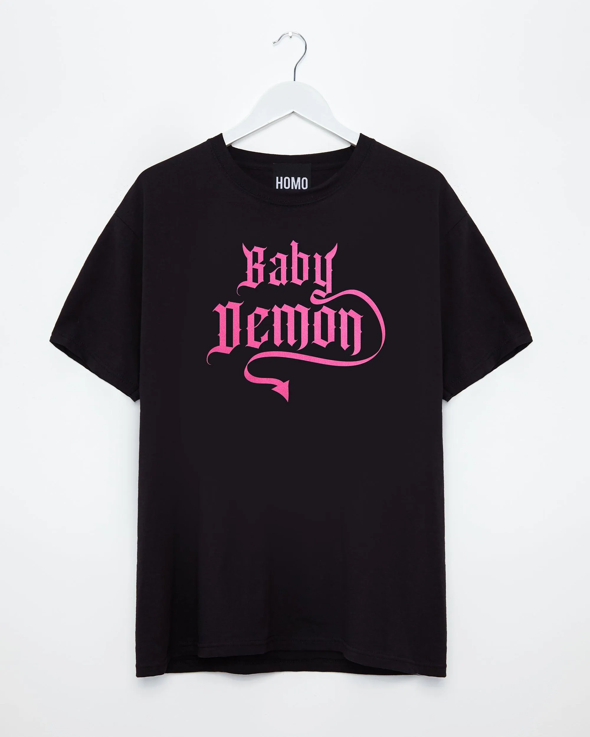 Baby Demon, pink flock on black muscle fit tee.