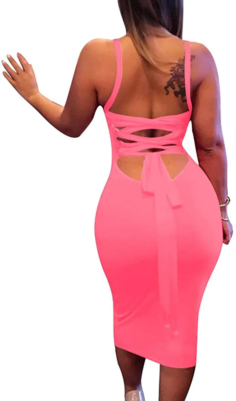 BEAGIMEG Women's Sexy Lace Up Backless Bodycon Midi Party Club Dress