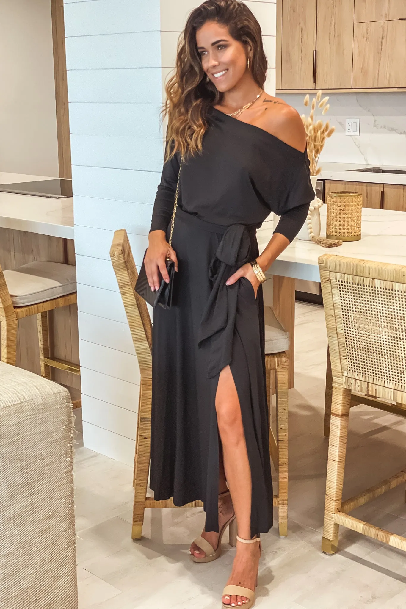 Black One Shoulder Midi Dress With Belt