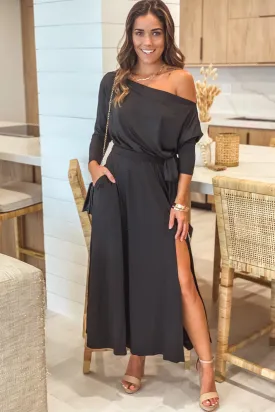 Black One Shoulder Midi Dress With Belt