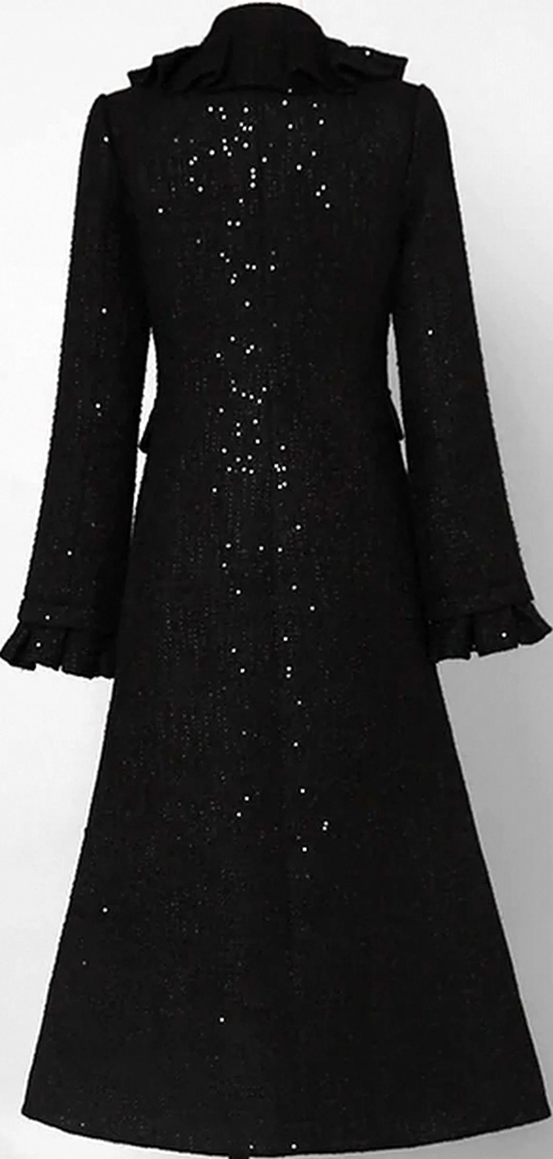 Black Single-Breasted Ruffle Trim Wool Coat