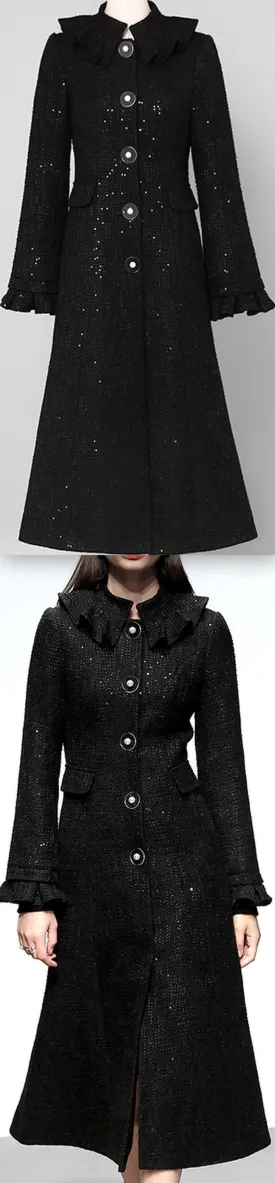 Black Single-Breasted Ruffle Trim Wool Coat