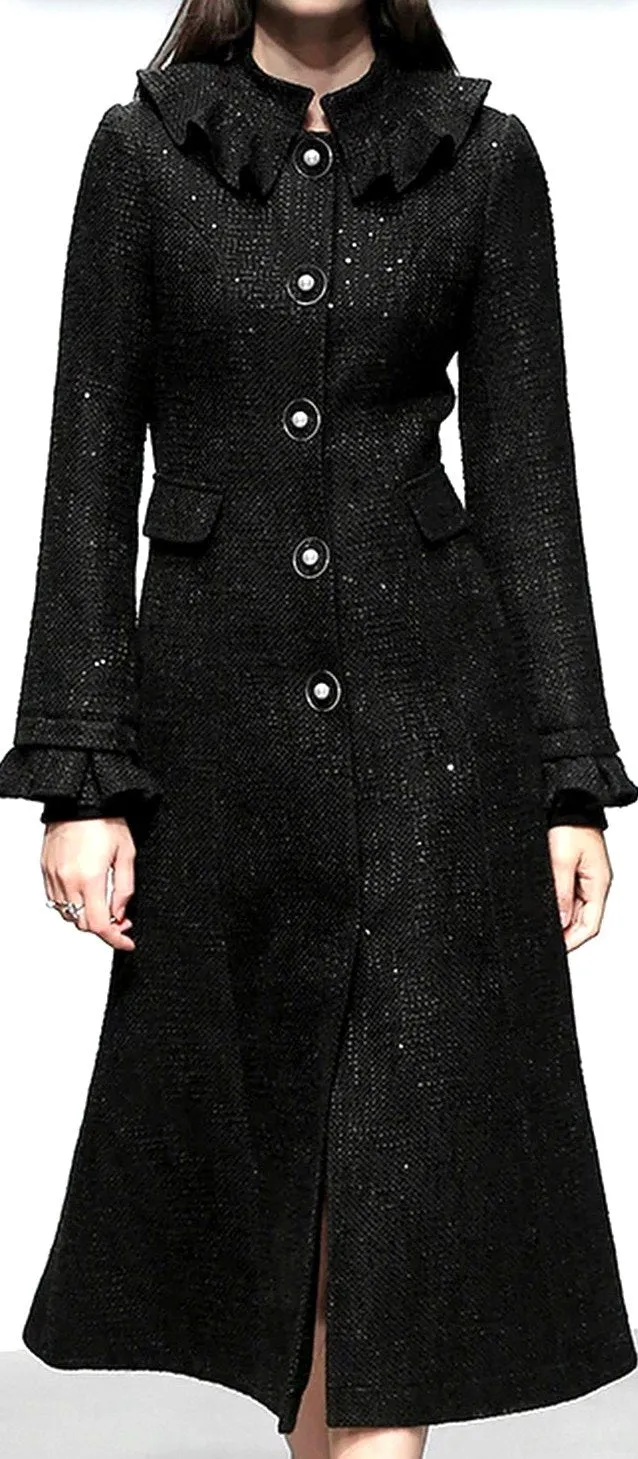 Black Single-Breasted Ruffle Trim Wool Coat