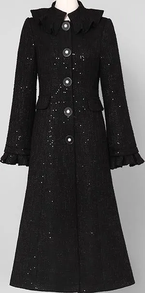 Black Single-Breasted Ruffle Trim Wool Coat
