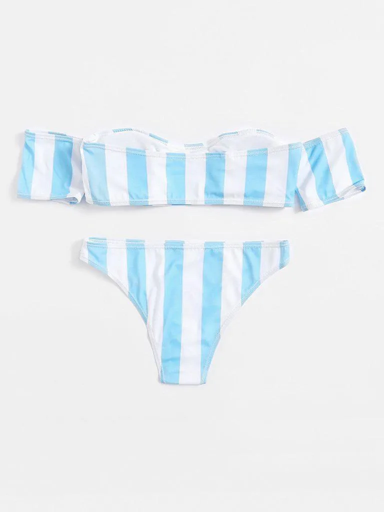 Block Striped Off The Shoulder Bikini Set