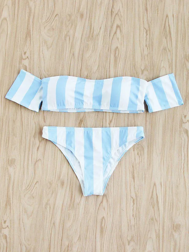 Block Striped Off The Shoulder Bikini Set