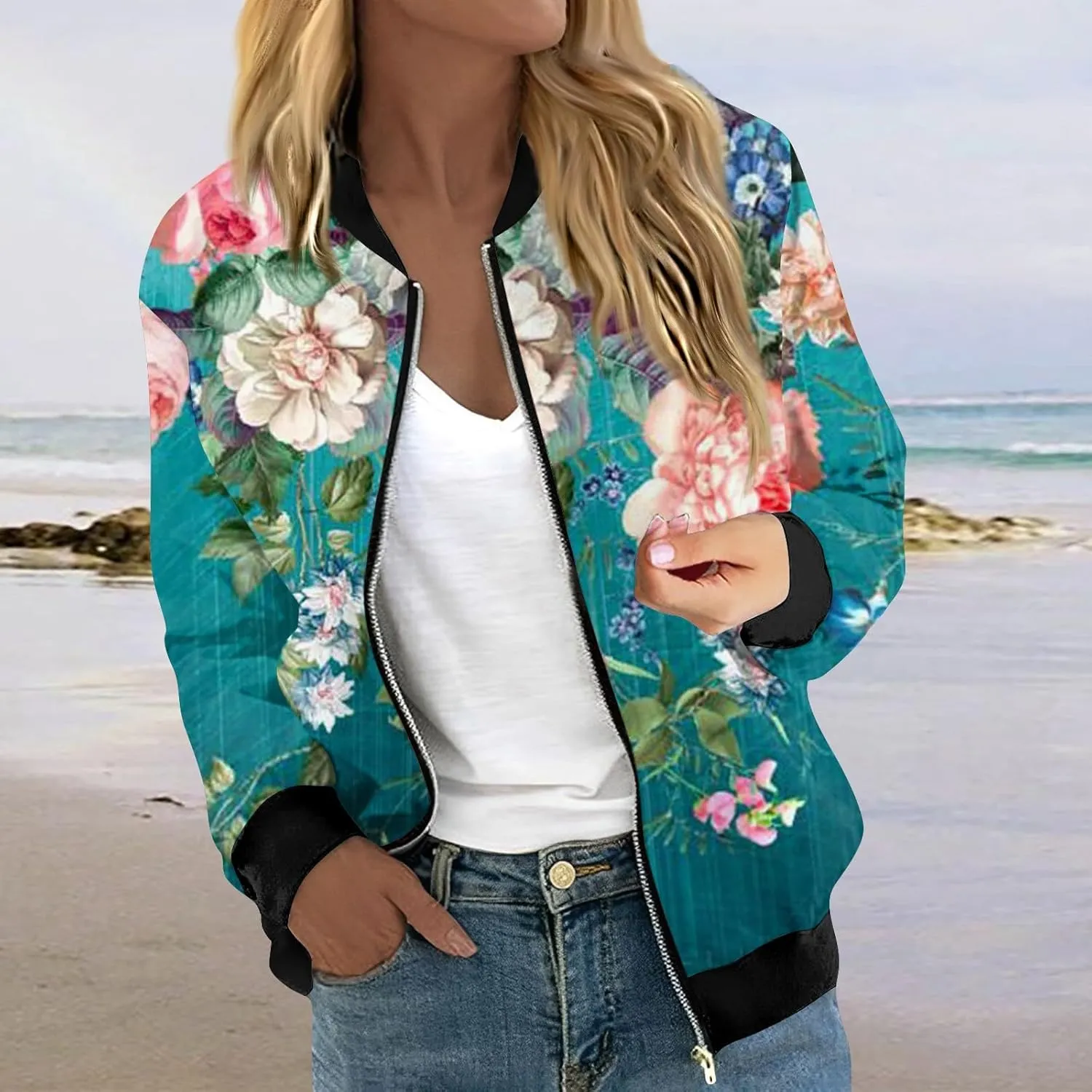 Bomber Jacket Gifts for Women Fashion Floral Pattern Coat Lightweight Zip Up Outwears Fall Winter Heated Jacket