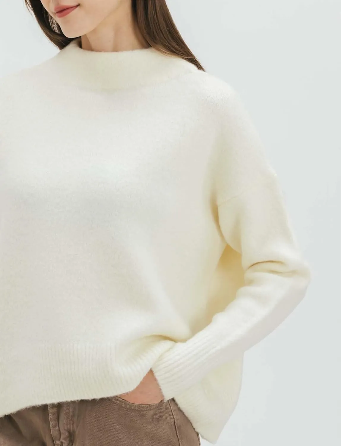 Cable Stitch Women's Mock Neck Cozy Sweater - Oversized Soft Long Sleeve Drop Shoulder High Low Hem Slouchy Pullover Top