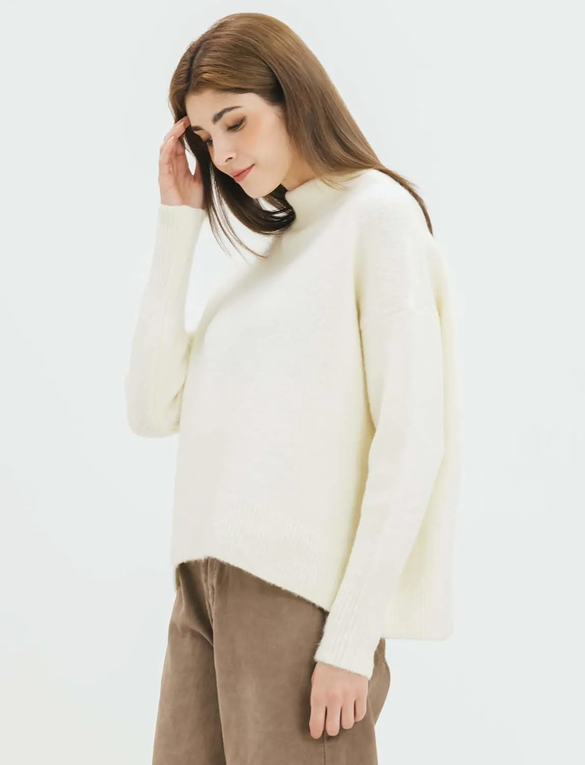 Cable Stitch Women's Mock Neck Cozy Sweater - Oversized Soft Long Sleeve Drop Shoulder High Low Hem Slouchy Pullover Top