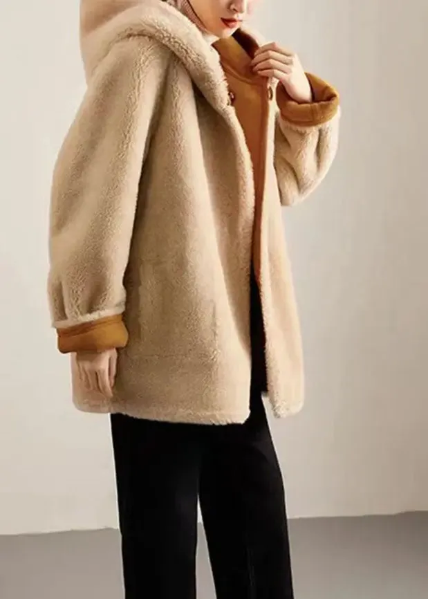 Casual Camel Patchwork Sashes Warm Fleece Wooled Blended Hooded Coat Winter LY8354