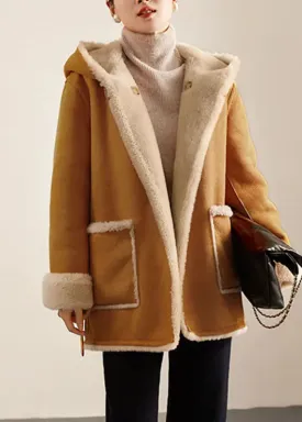 Casual Camel Patchwork Sashes Warm Fleece Wooled Blended Hooded Coat Winter LY8354