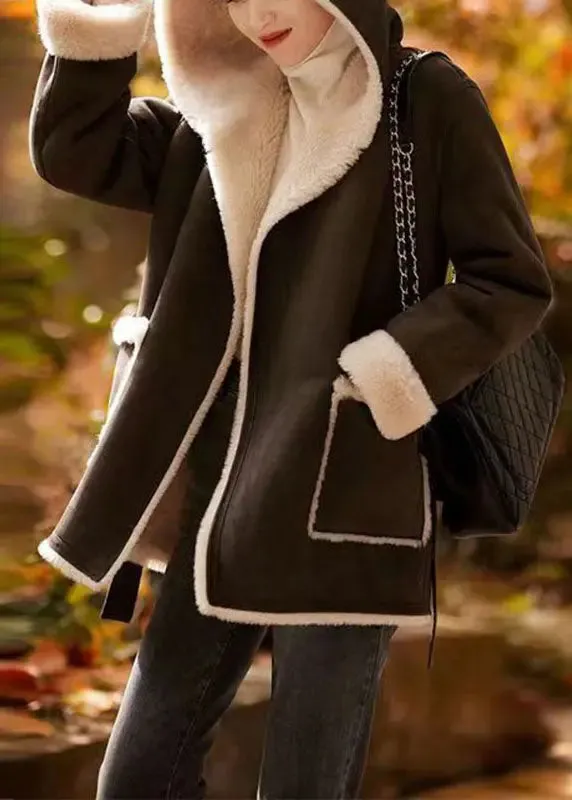 Casual Camel Patchwork Sashes Warm Fleece Wooled Blended Hooded Coat Winter LY8354