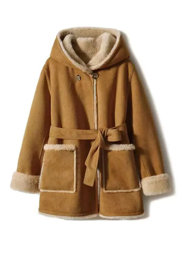 Casual Camel Patchwork Sashes Warm Fleece Wooled Blended Hooded Coat Winter LY8354