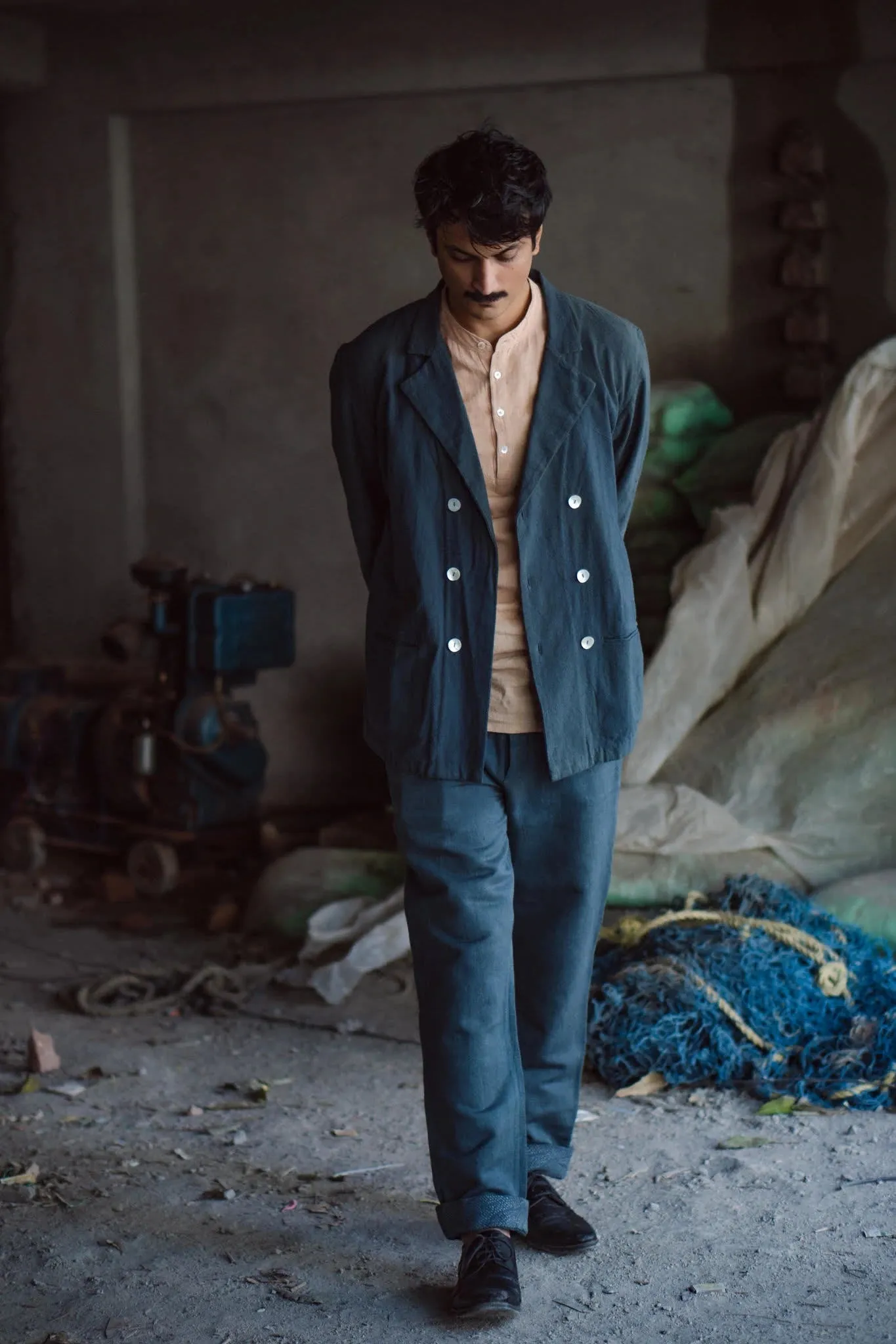 Charcoal Double Breasted Cotton Jacket | Cotton Jacket | Black Cotton Jacket