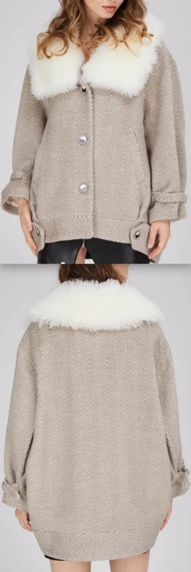 Chevron Oversized Short Wool Coat with Fur Collar