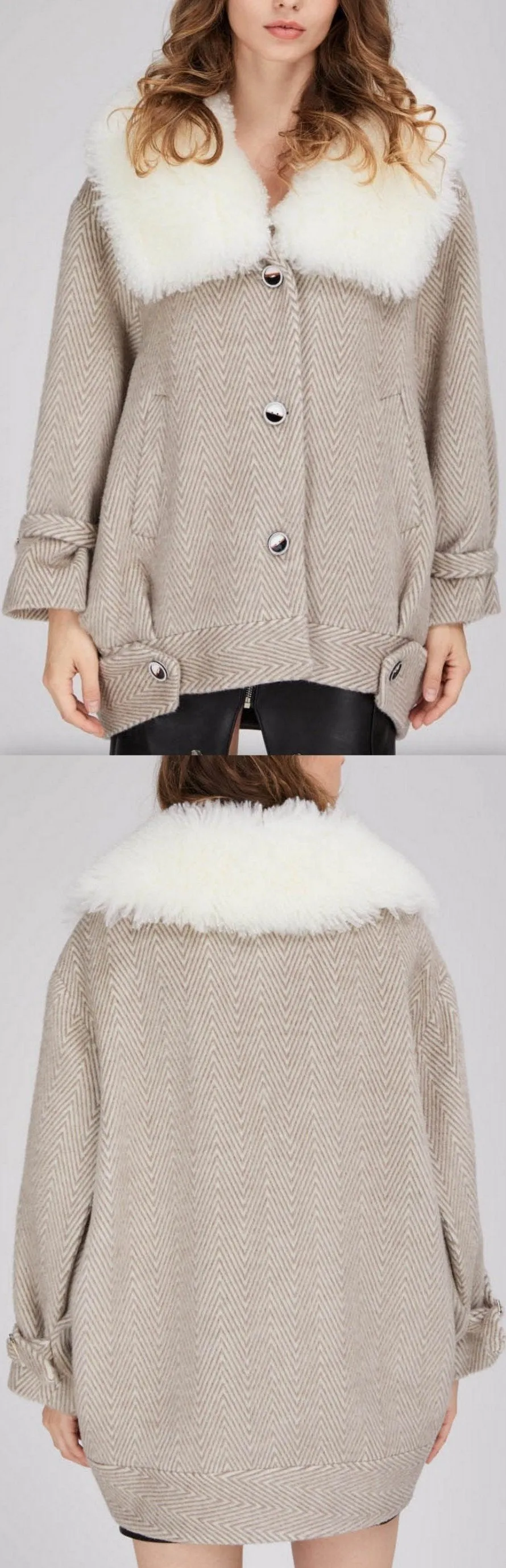 Chevron Oversized Short Wool Coat with Fur Collar