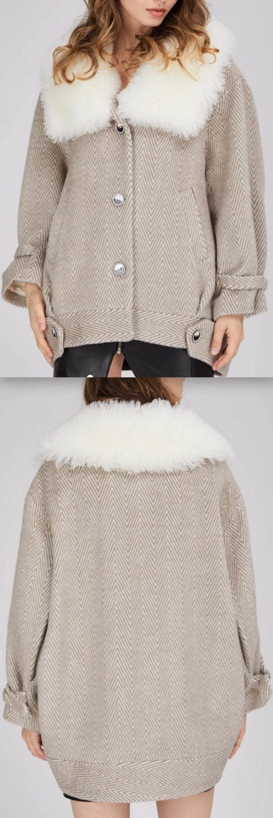 Chevron Oversized Short Wool Coat with Fur Collar