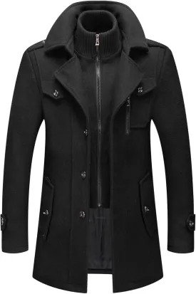 chouyatou Men's Gentle Layered Collar Single Breasted Quilted Lined Wool Blend Pea Coats