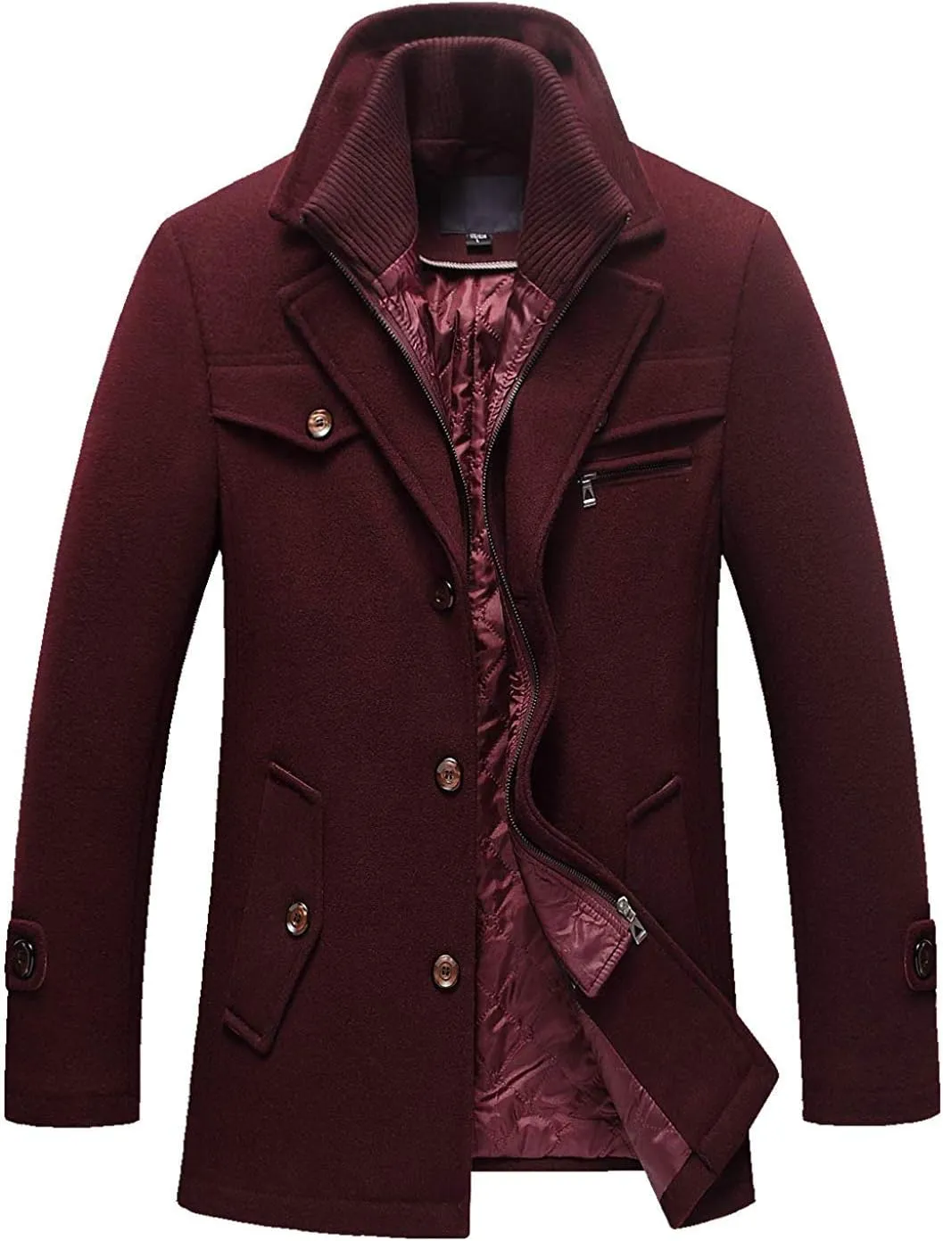 chouyatou Men's Gentle Layered Collar Single Breasted Quilted Lined Wool Blend Pea Coats