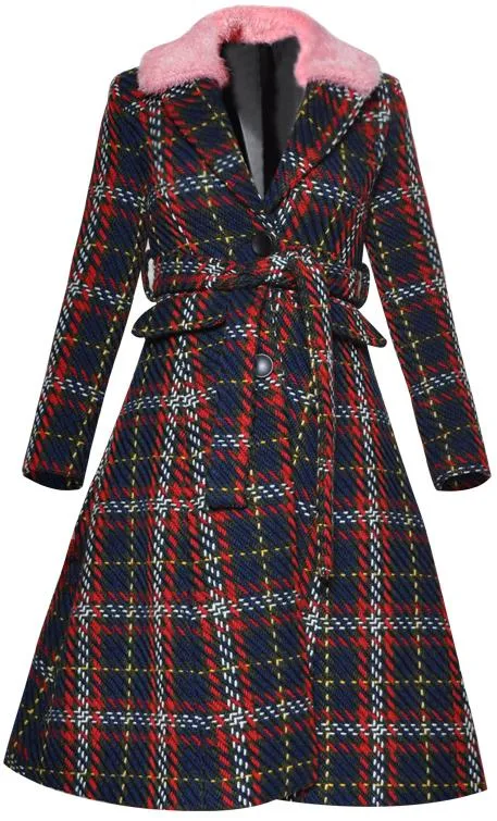 Contrast Fur-Trim Plaid Coat