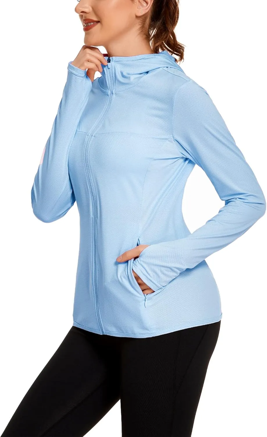 COOrun Women's UPF 50  Sun Protection Hoodie Jacket Lightweight Full Zip Running Jacket Athletic Jacket with Thumb Holes