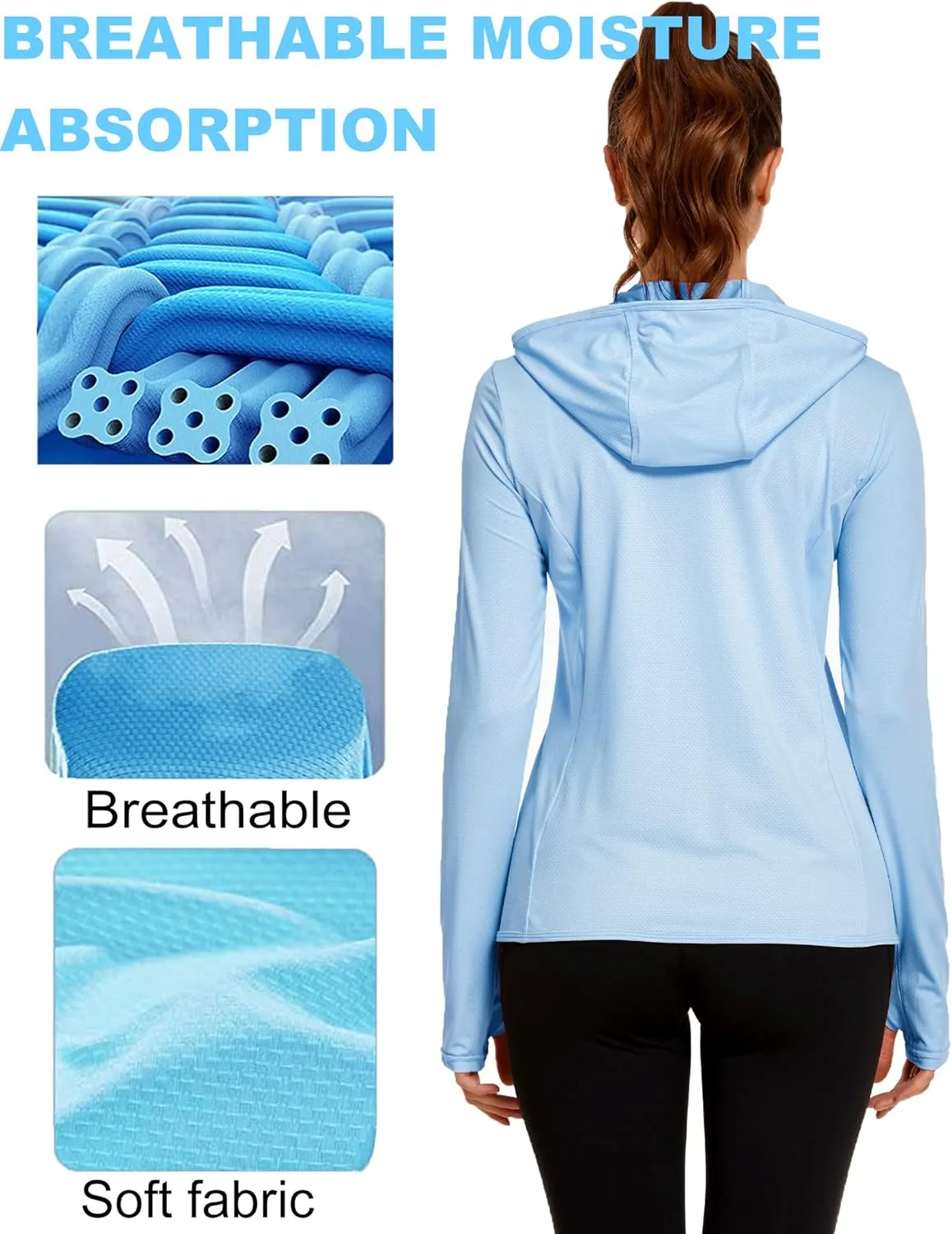 COOrun Women's UPF 50  Sun Protection Hoodie Jacket Lightweight Full Zip Running Jacket Athletic Jacket with Thumb Holes