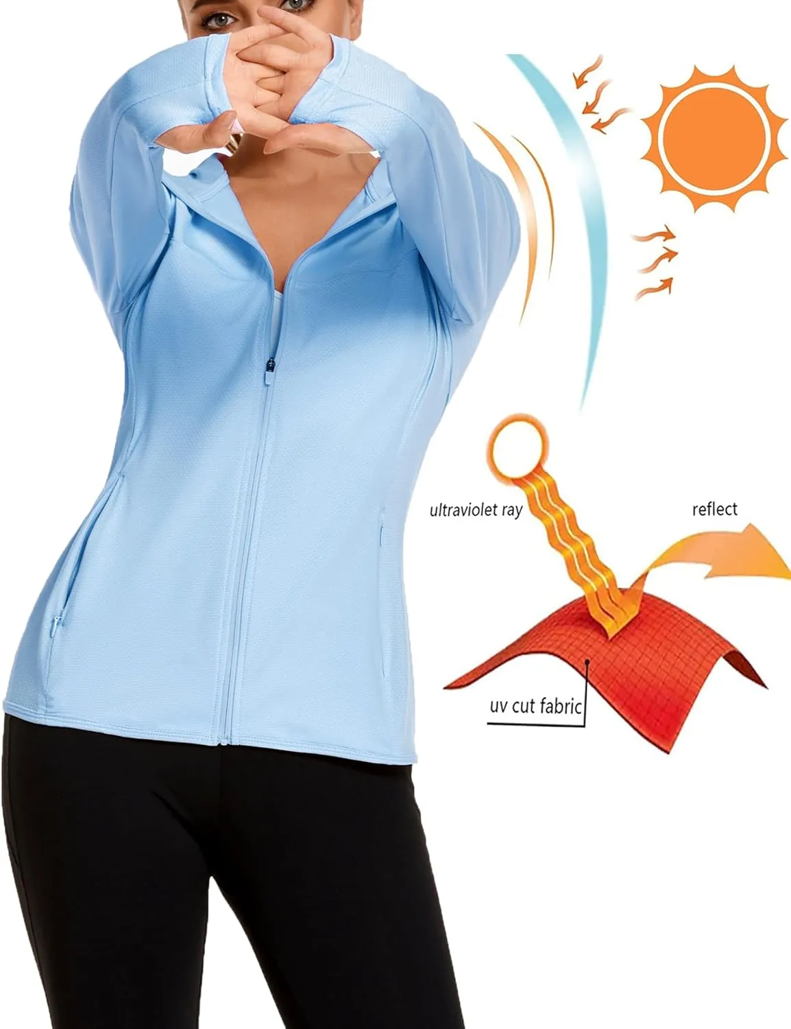 COOrun Women's UPF 50  Sun Protection Hoodie Jacket Lightweight Full Zip Running Jacket Athletic Jacket with Thumb Holes