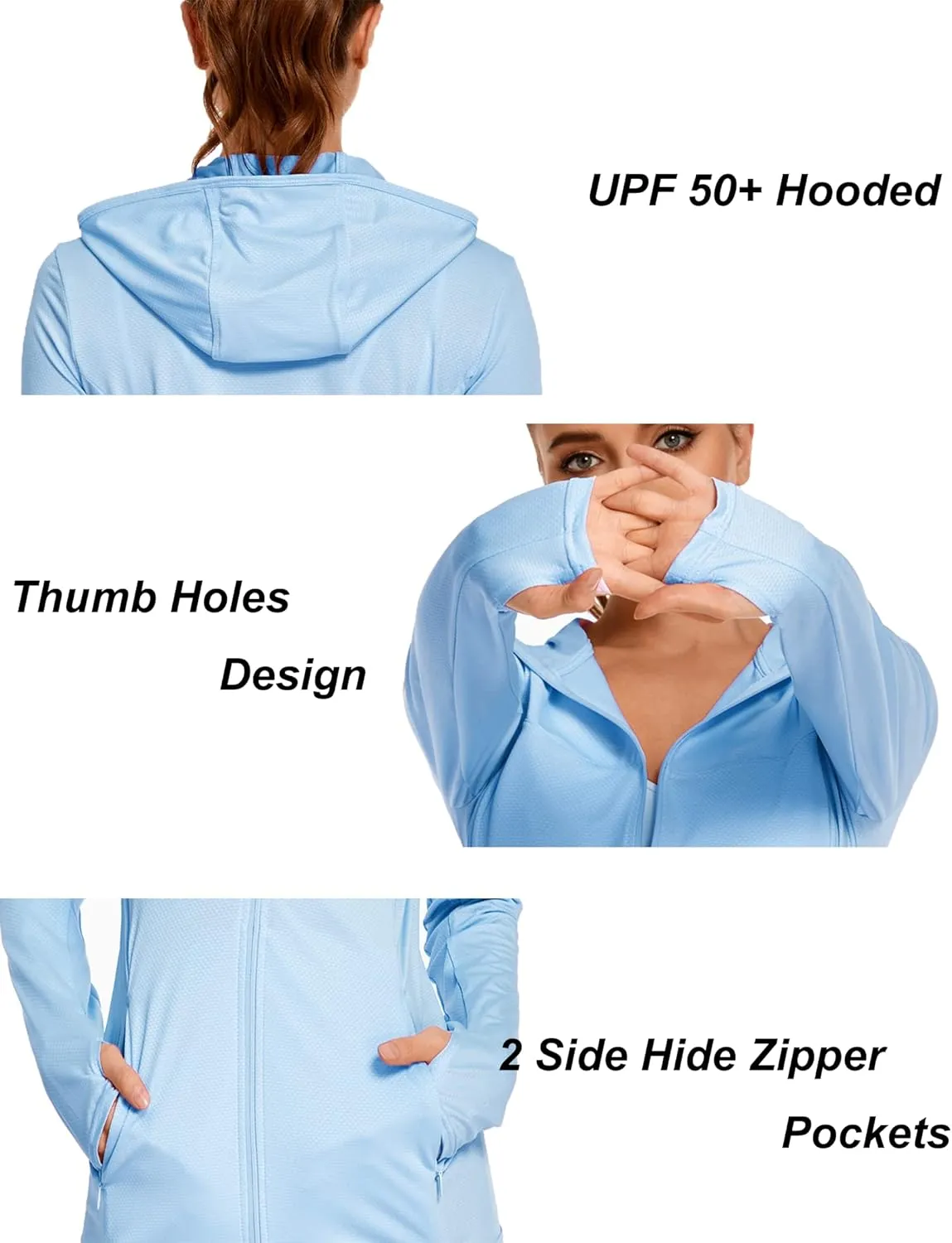 COOrun Women's UPF 50  Sun Protection Hoodie Jacket Lightweight Full Zip Running Jacket Athletic Jacket with Thumb Holes